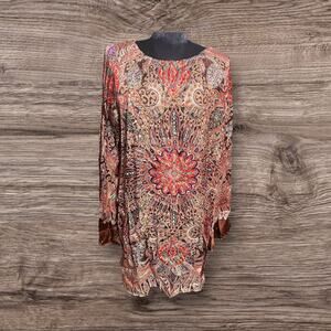 Vanessa Riley 100% Silk Metallic Gold Thread Print Shift Dress Bell Sleeve L NWT